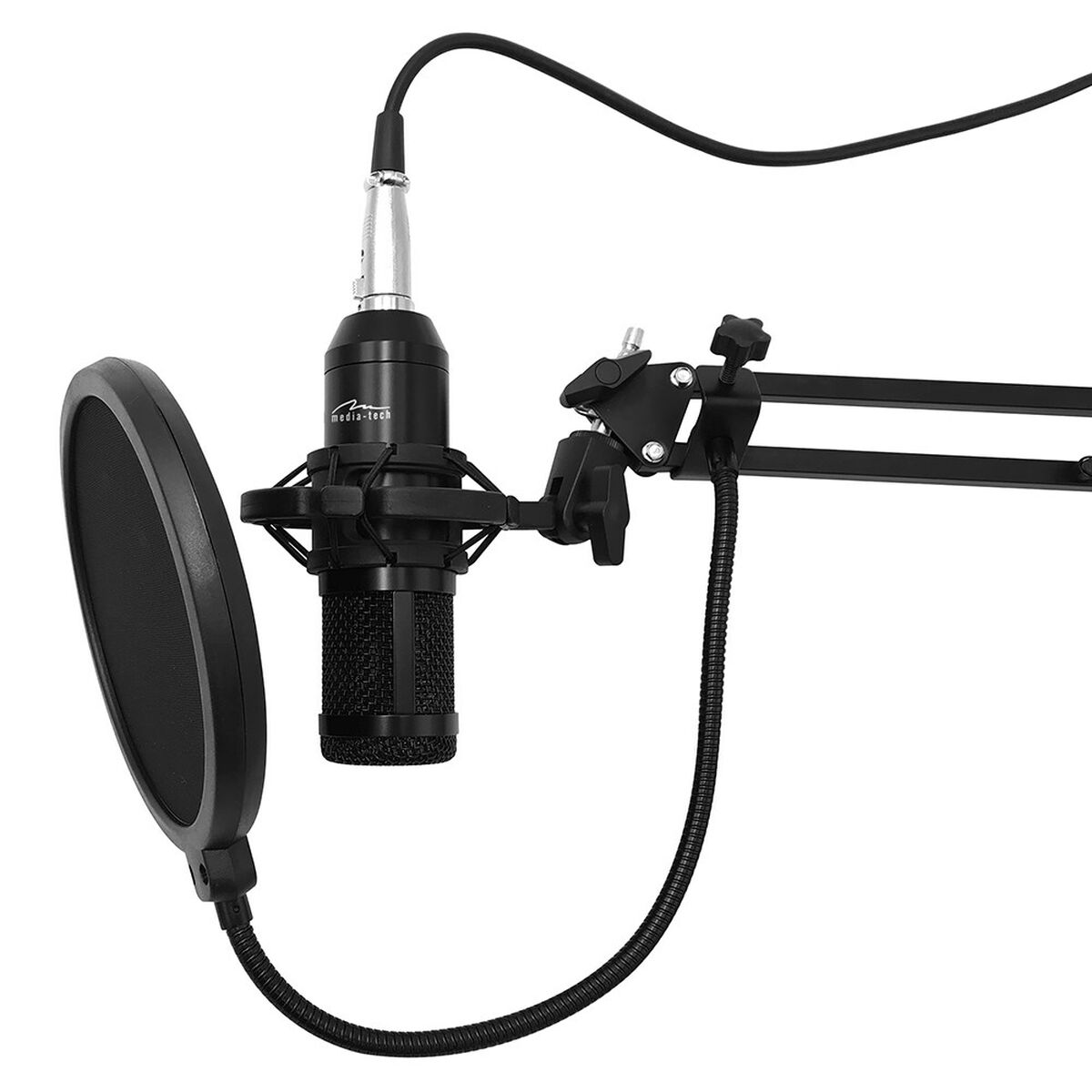 Ein schwarzes Mikrofon mit Pop-Filter und Ständer, vor weißem Hintergrund.