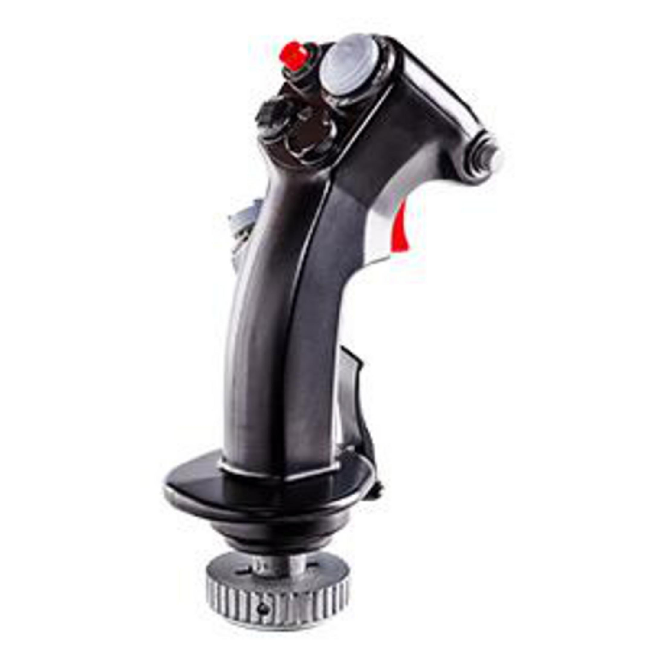 Black joystick controller with multiple buttons and a red trigger. It is on a white background.
