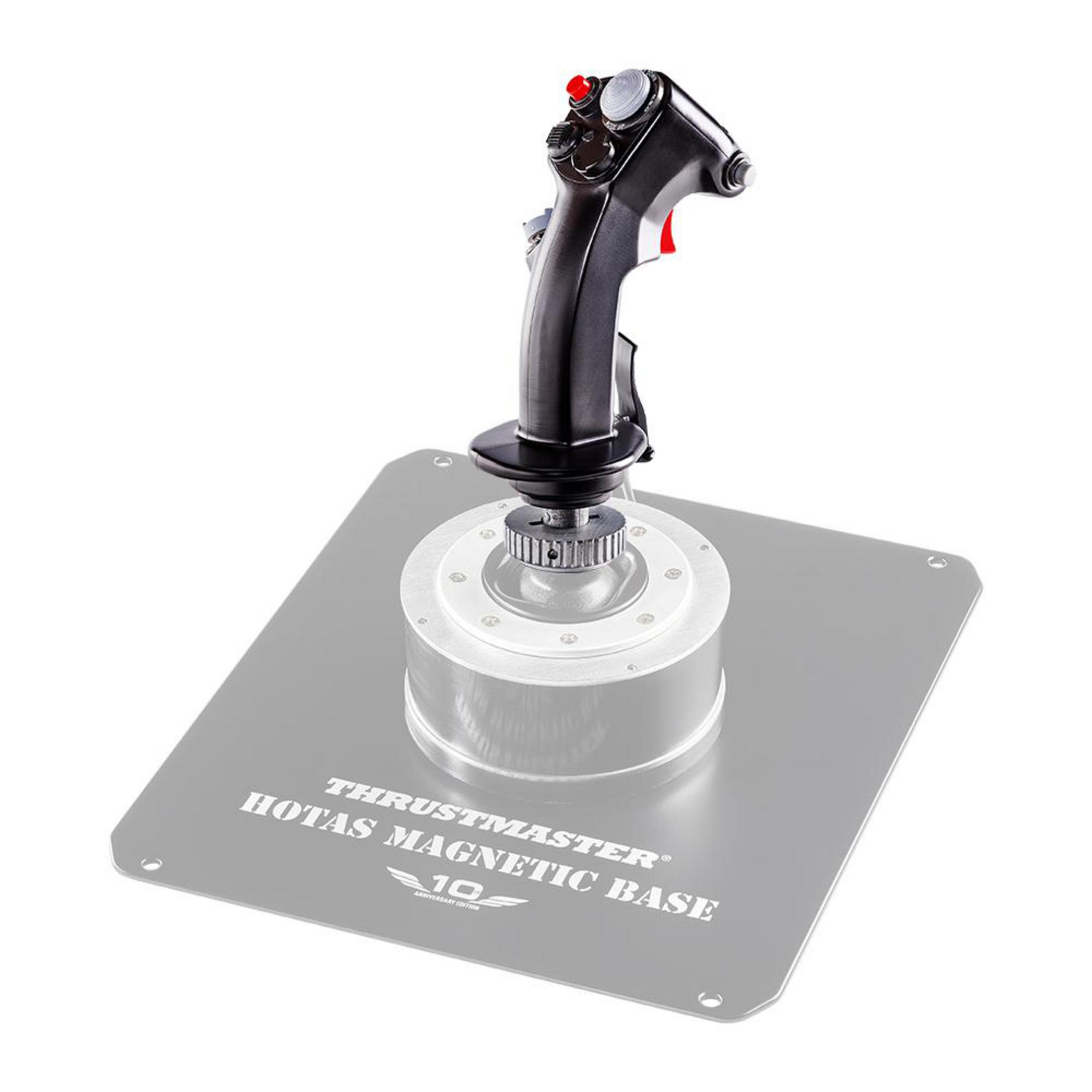 A black and silver HOTAS magnetic base with a joystick. It sits on a white surface, with text printed on it.