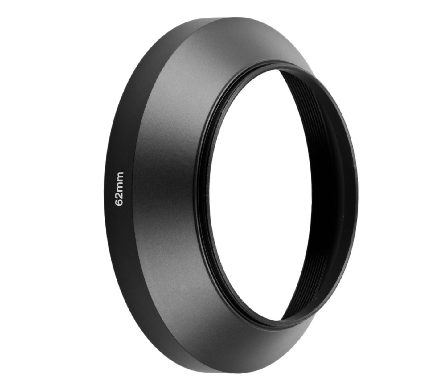 Schwarze Sonnenblende für eine Kamera. Die Größe ist 62 mm.
