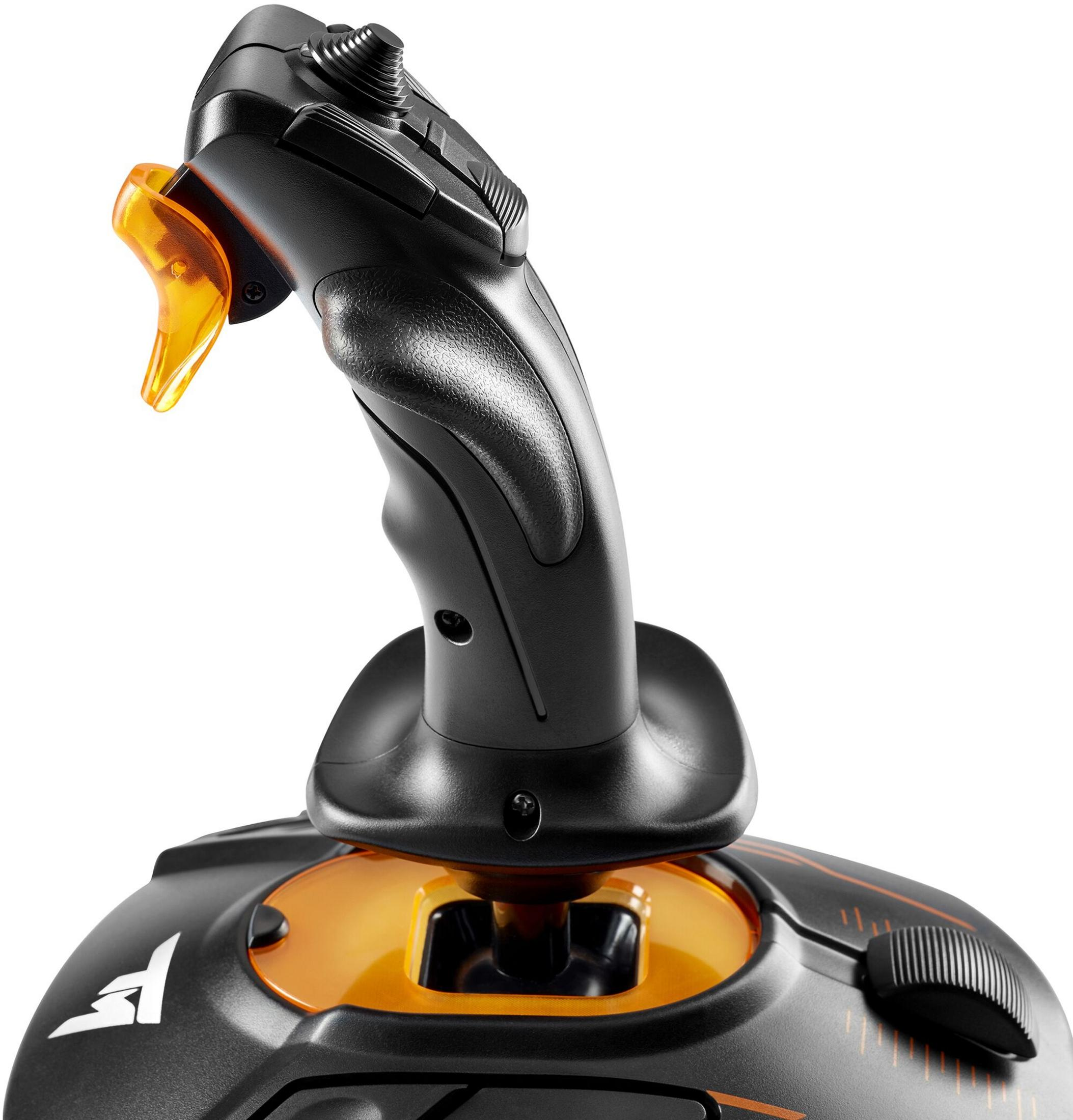 Ein schwarzer und oranger Joystick mit Knöpfen, wahrscheinlich für Flugsimulation oder Spiele.