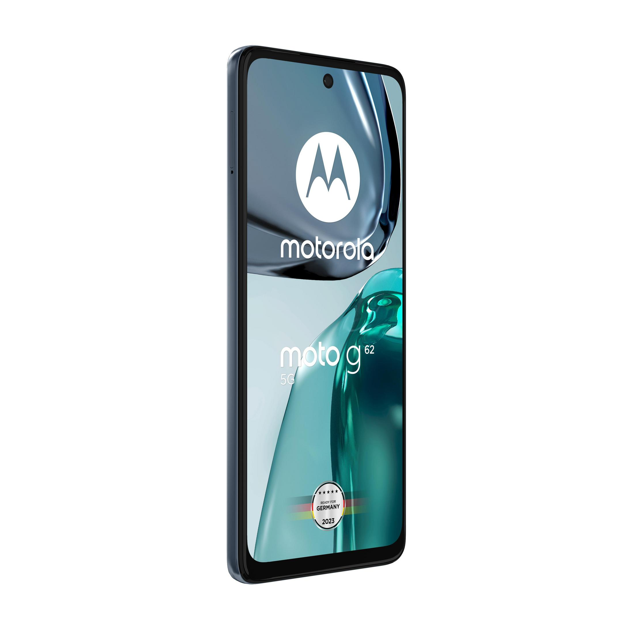 Ein Smartphone mit einem Bildschirm, der das Motorola-Logo zeigt. Das Telefon ist schwarz mit blauem Rand.