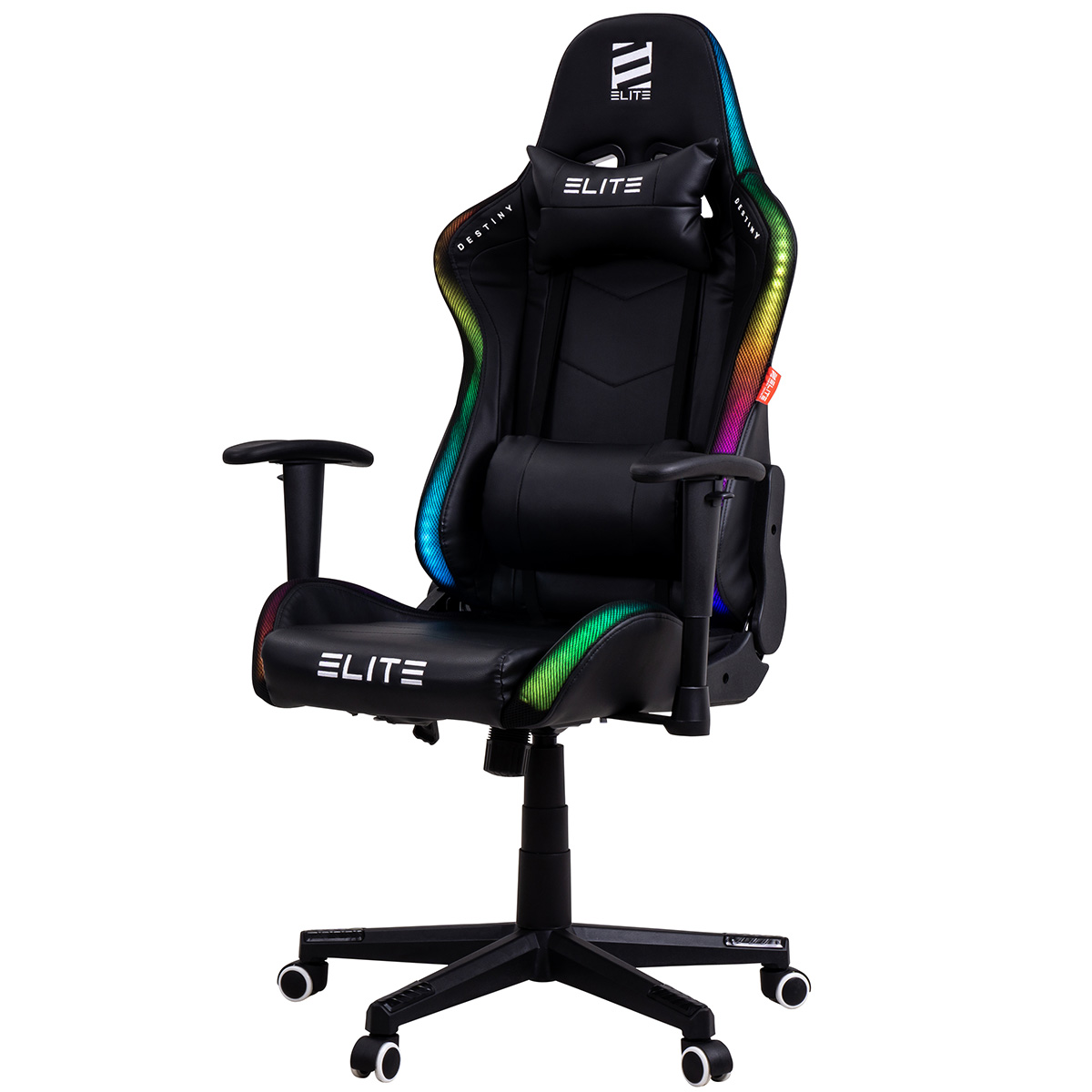 Ein schwarzer Gaming-Stuhl mit RGB-Beleuchtung, mit der Marke "ELITE".