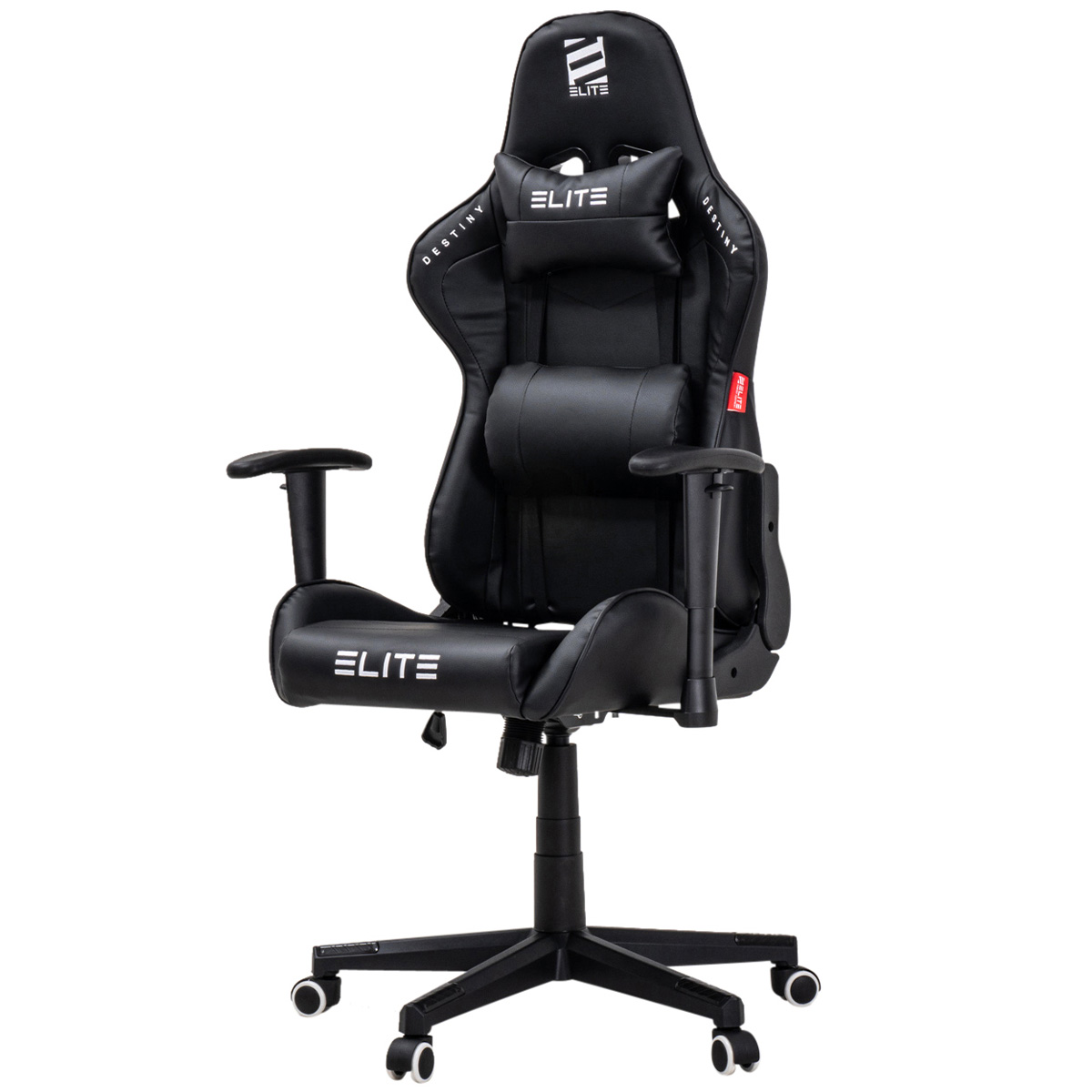 Schwarzer Gaming-Stuhl mit roten Akzenten und dem Wort „ELITE“ auf Rückenlehne und Kopfstütze.