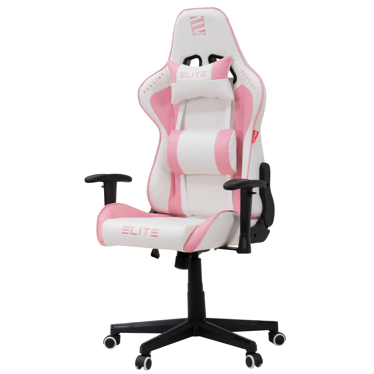 Rosa-weißer Gaming-Stuhl. Schwarze Basis, Armlehnen und Kopfstützenkissen.