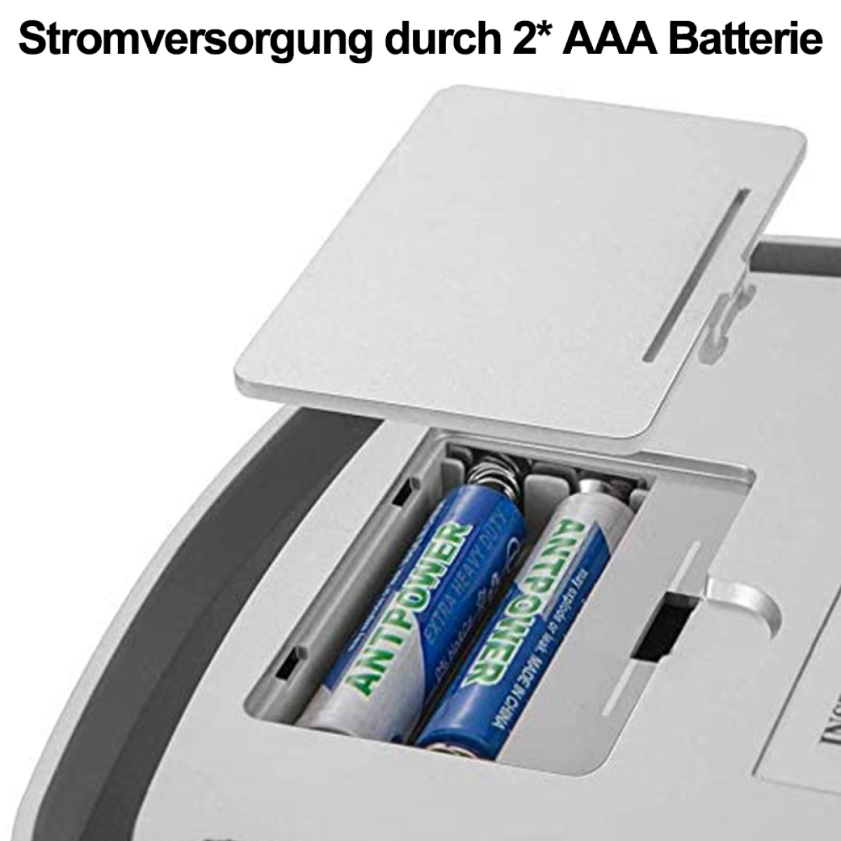 Offenes Batteriefach mit zwei AAA-Batterien darin.