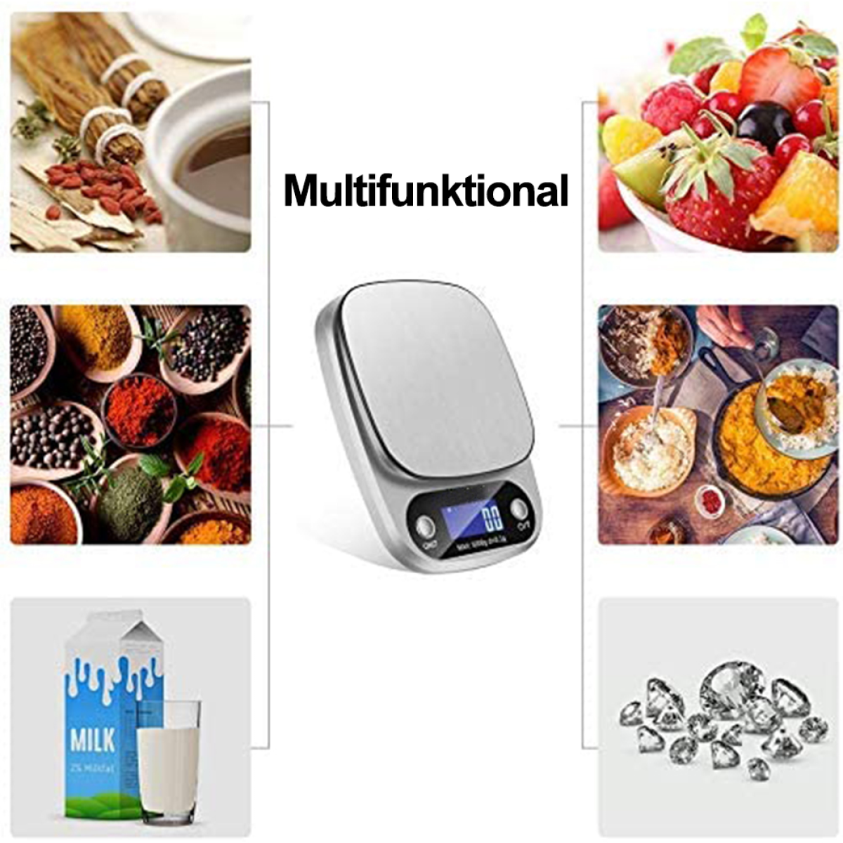 Eine digitale Waage mit Zutaten wie Obst, Gewürzen und Milch. Text: 'Multifunktional'.