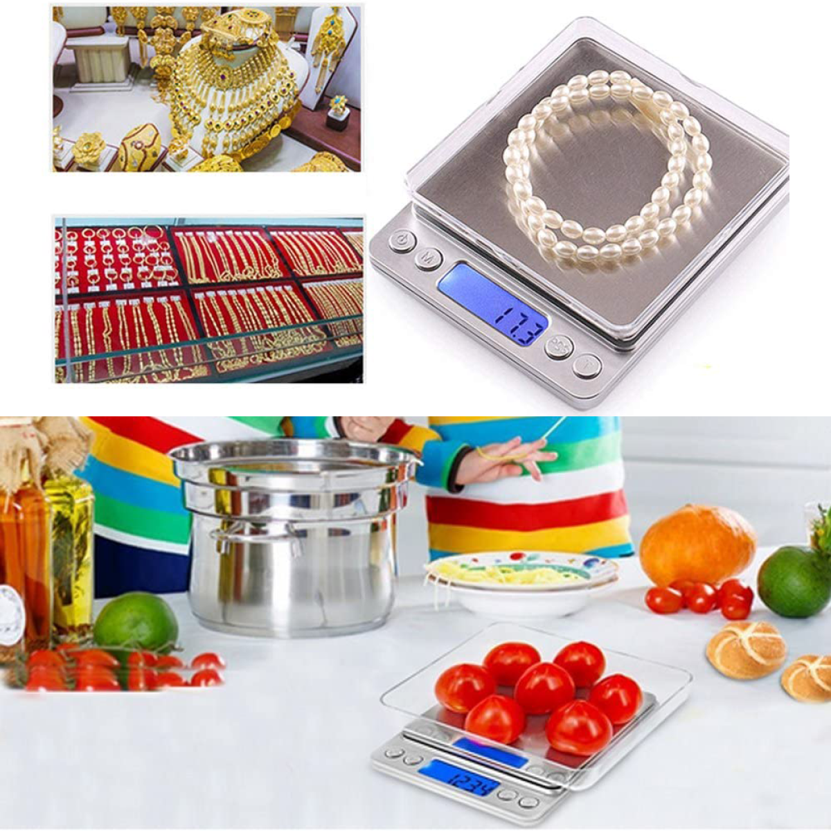 Collage aus Schmuck und Waagen mit Lebensmitteln.
