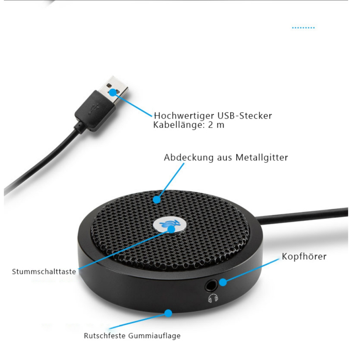 Schwarzes USB-Mikrofon mit Metallgitter und Kopfhöreranschluss.