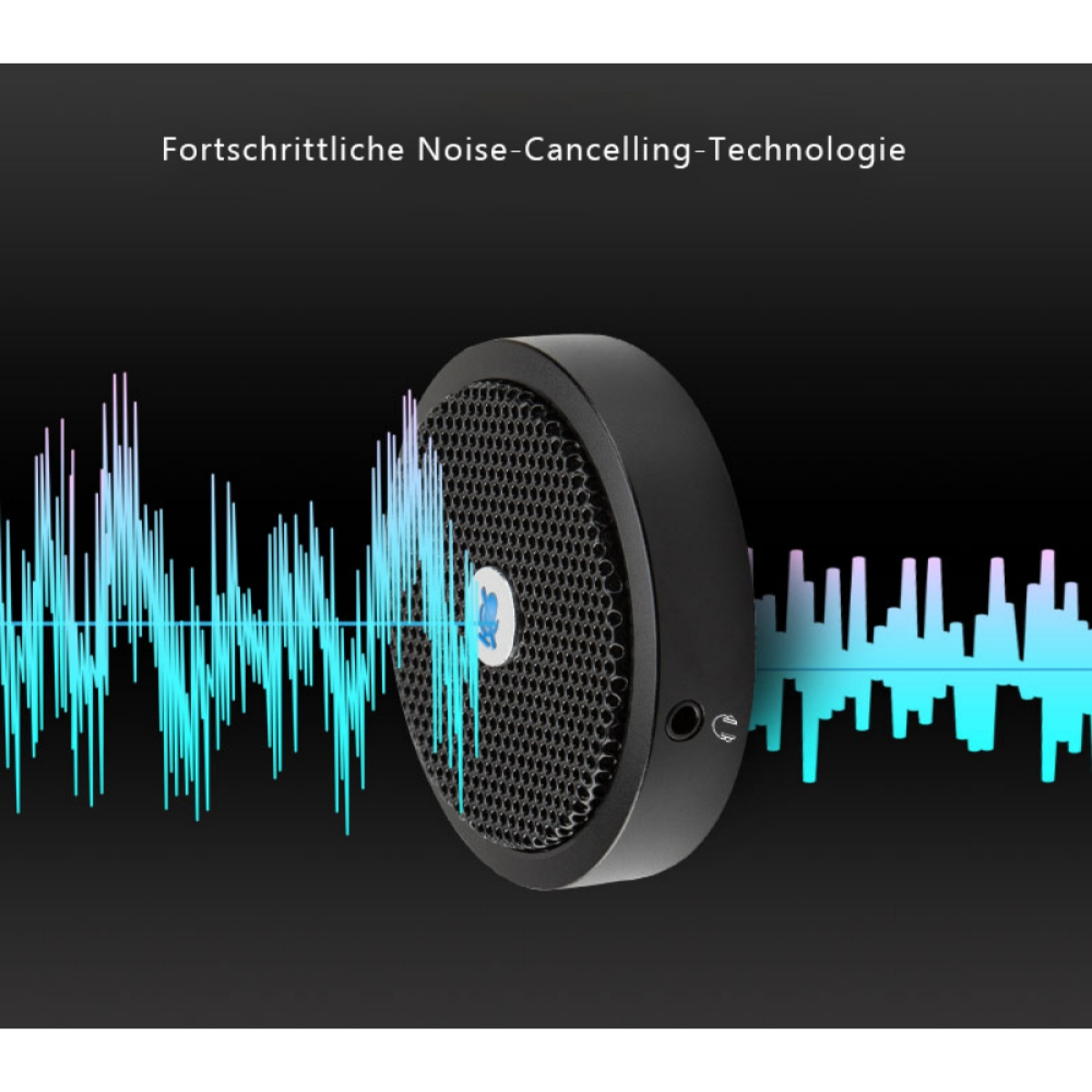 Ein schwarzer Kopfhörer mit Noise-Cancelling-Technologie. Das Bild zeigt Schallwellen um das Gerät herum.