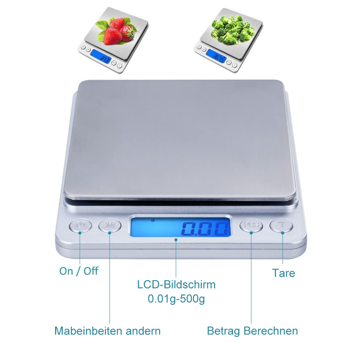 Digitale Küchenwaage mit Essen darauf. Zeigt das Gewicht in Gramm an. Hat Funktionstasten.