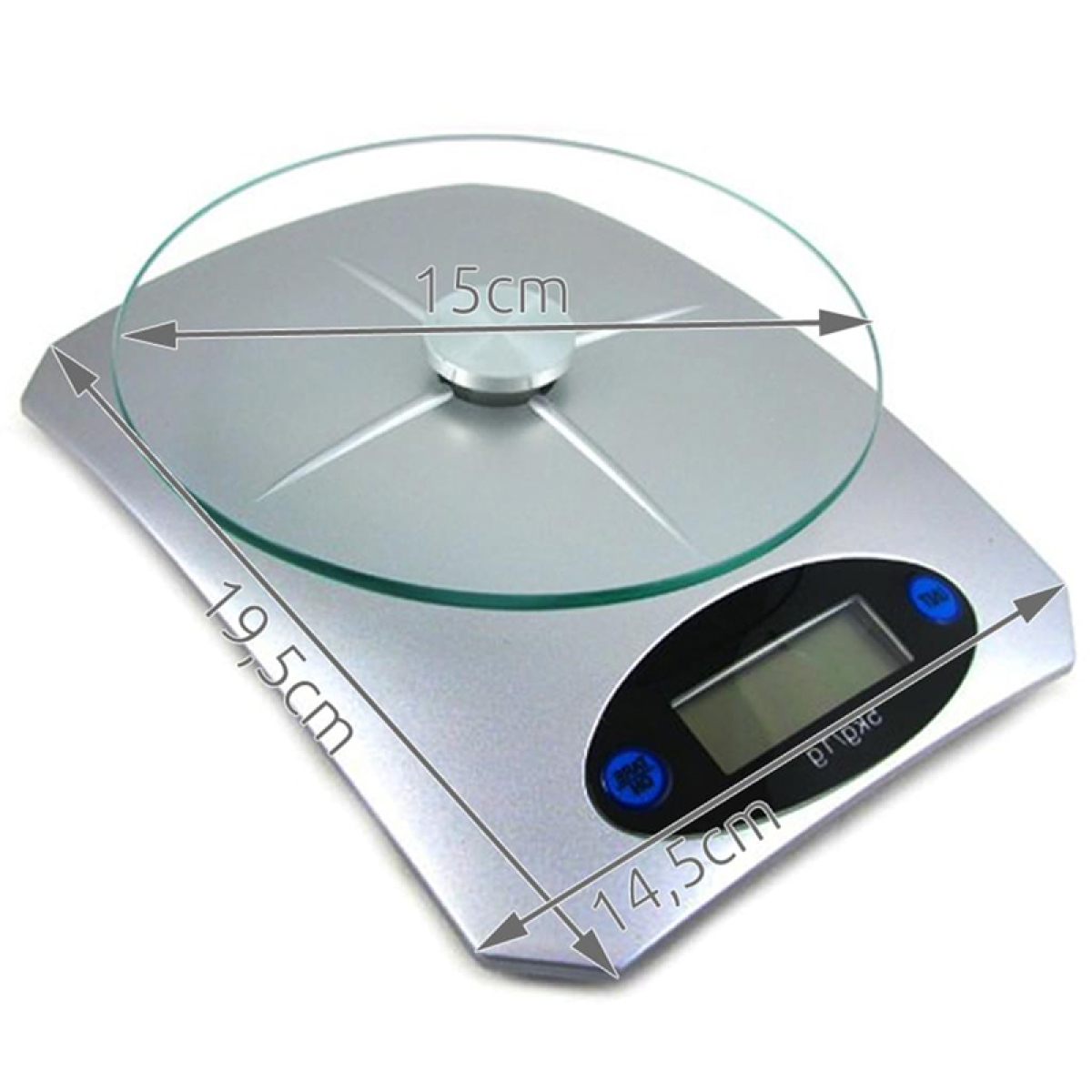 Silberne digitale Küchenwaage mit Wiegefläche aus Glas.