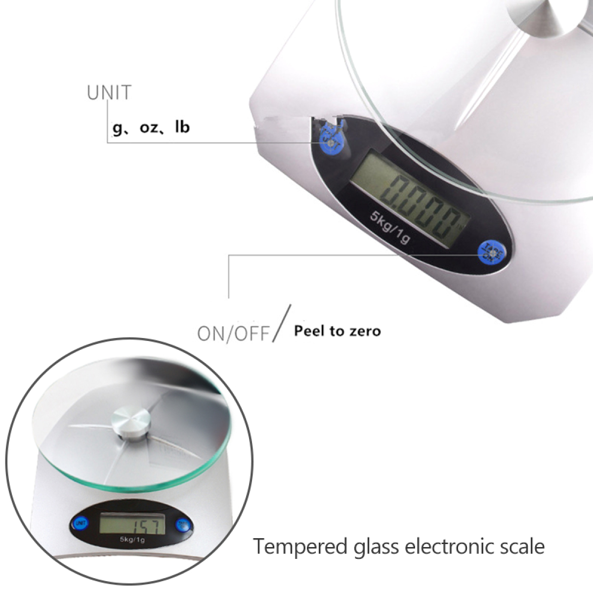 Weiße digitale Küchenwaage mit Glasoberfläche, Display zeigt 0,000, und Einheitsbezeichnungen.