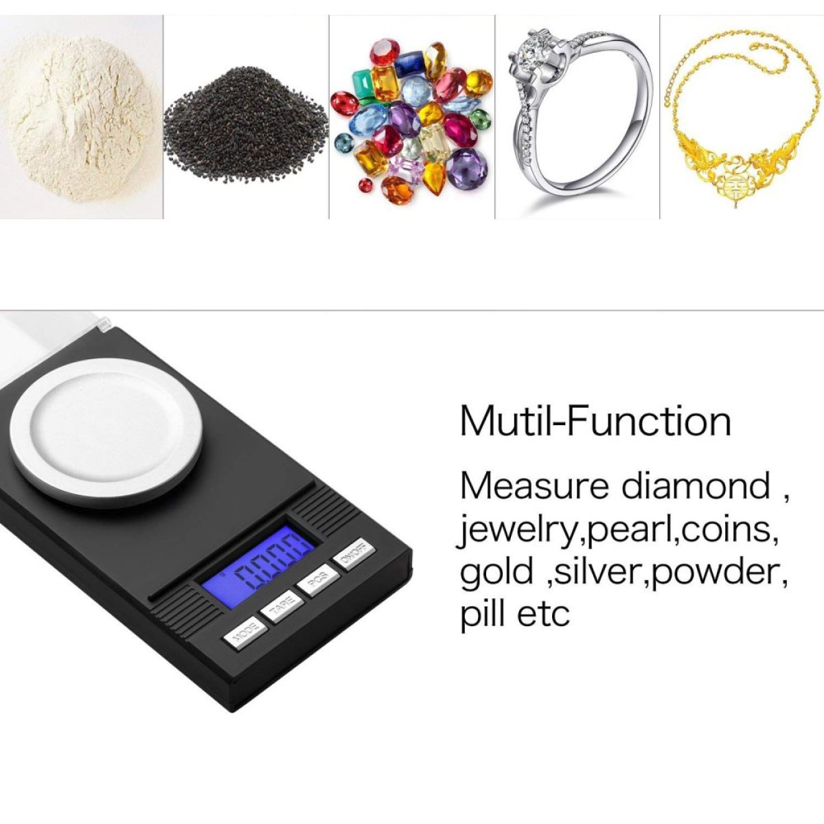 Waage mit Edelsteinen, Ring, Gold und Pulver. Text: Diamanten, Schmuck, Gold, Pulver usw. messen.