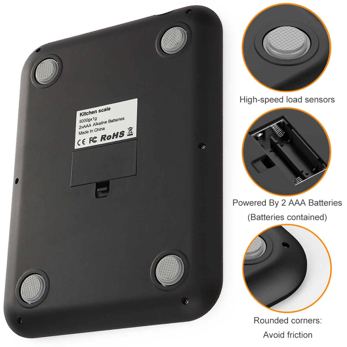Unterseite einer Küchenwaage mit Batteriefach, abgerundeten Ecken und Belastungssensoren. Weißer Hintergrund.