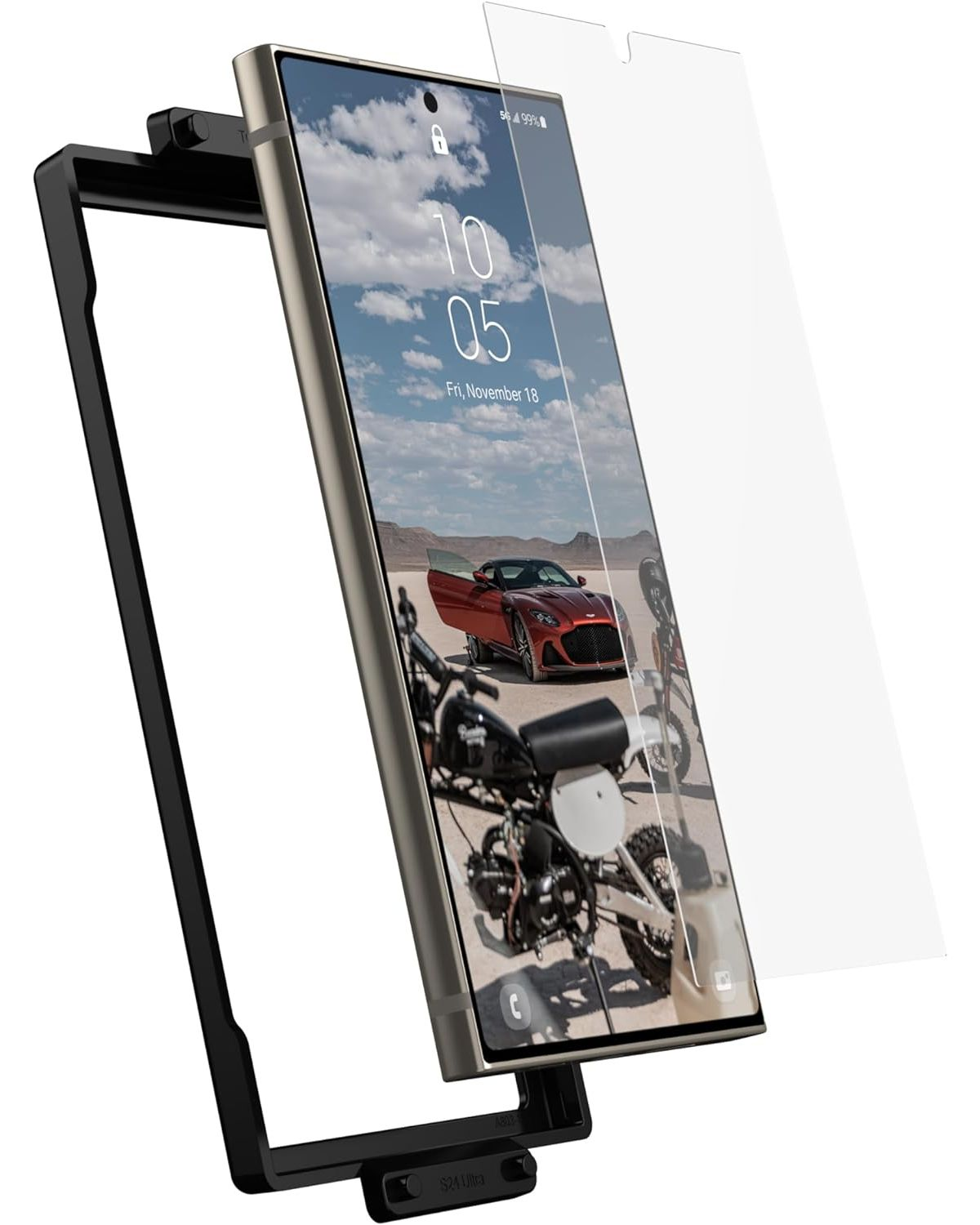 Een telefoon met een schermbeschermer en een beschermend frame.