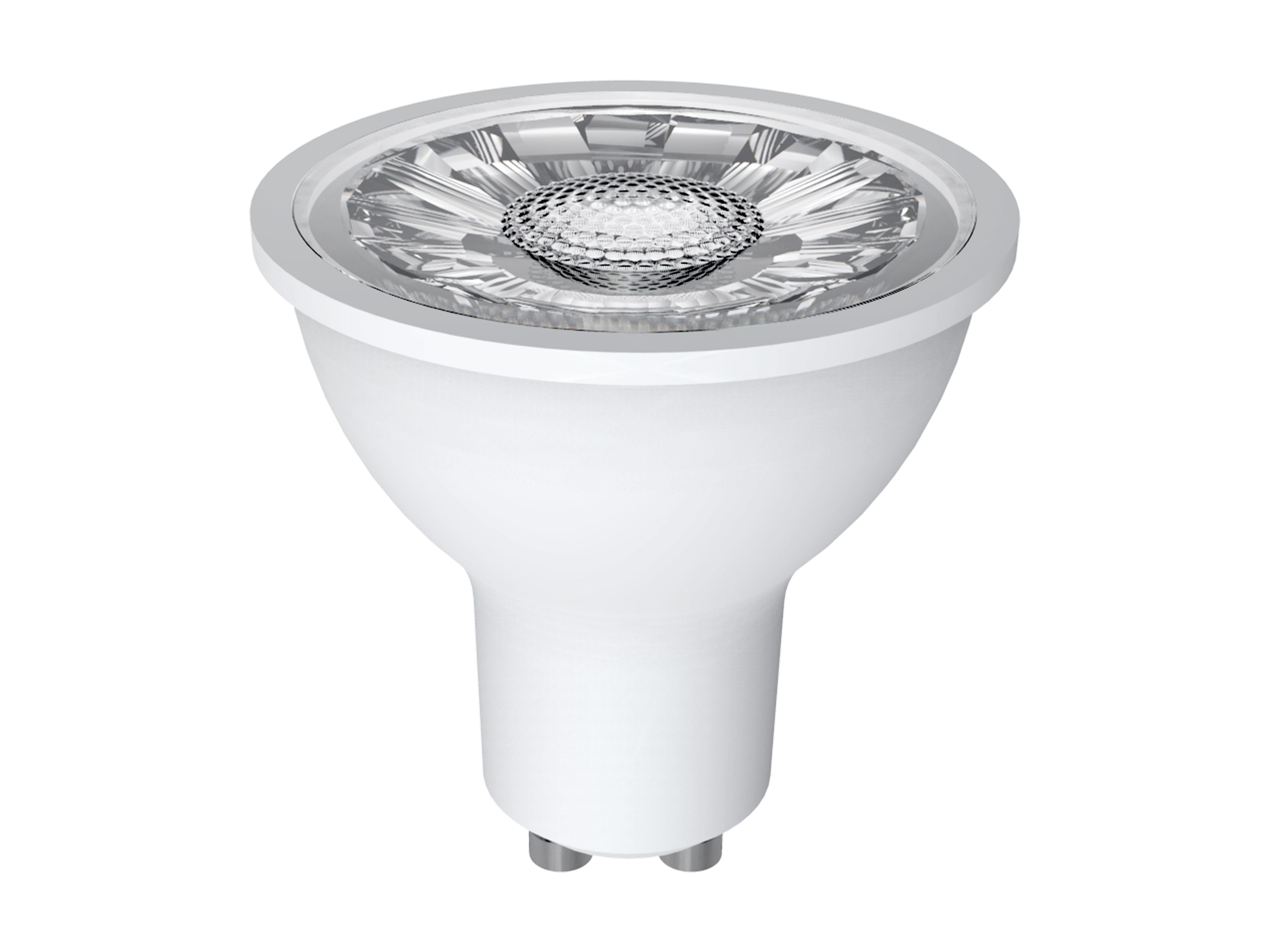Lampadina spot bianca con riflettore argentato all'interno, su sfondo bianco.