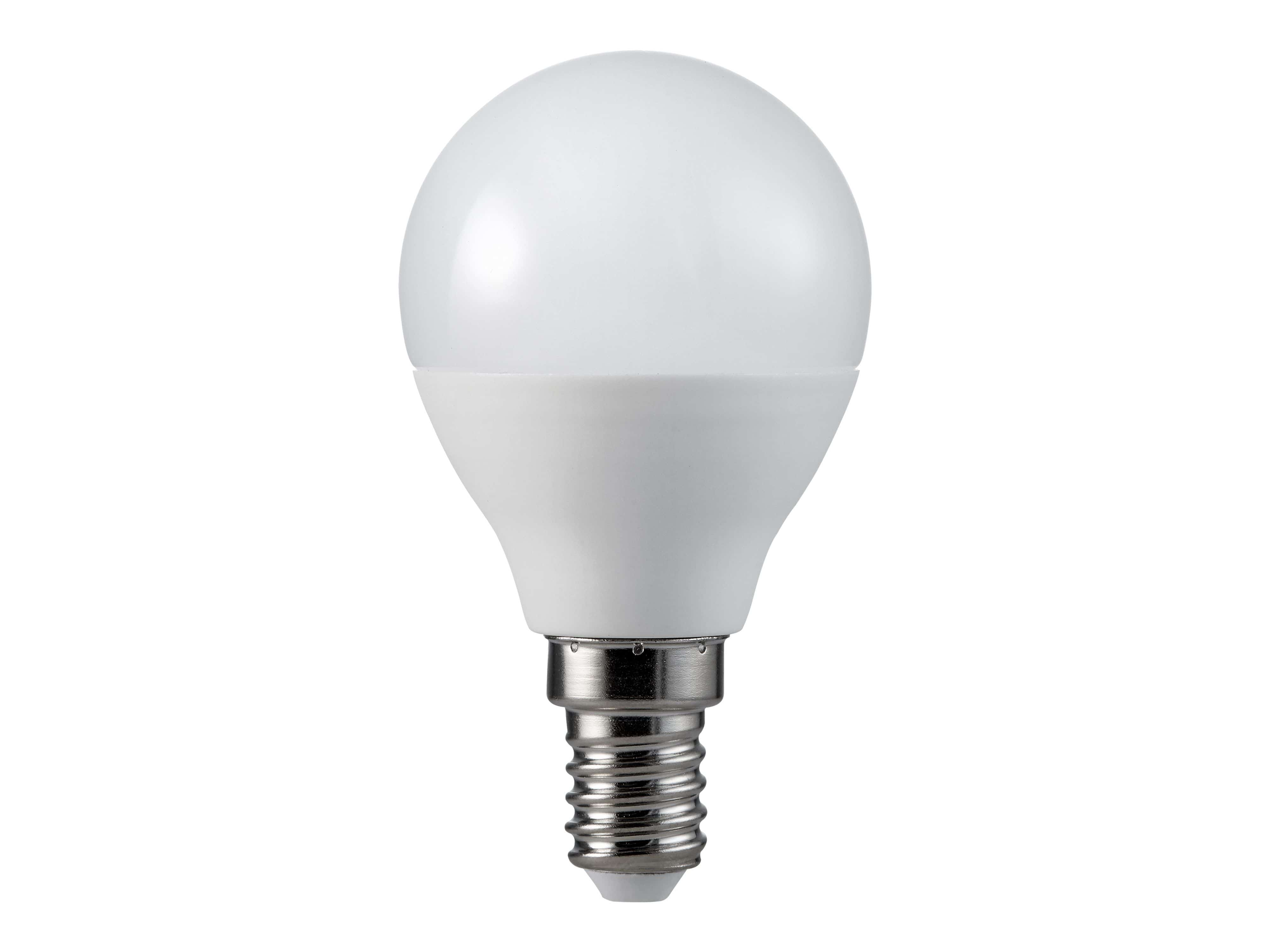 Eine weiße LED-Glühbirne mit abgerundeter Oberseite und einem Metall-Schraubsockel.