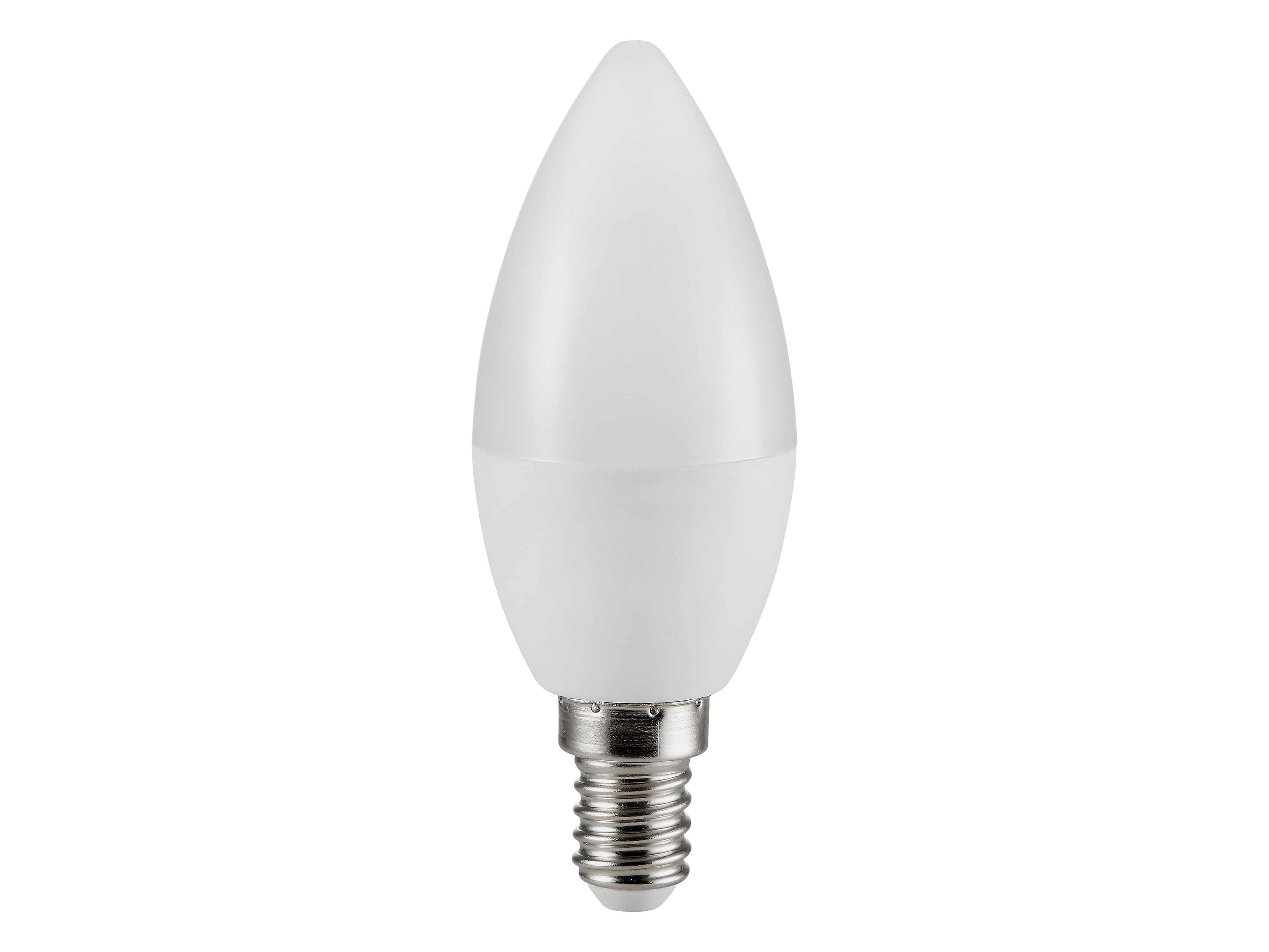 Weiße LED-Glühbirne in kerzenartiger Form mit silbernem Sockel.
