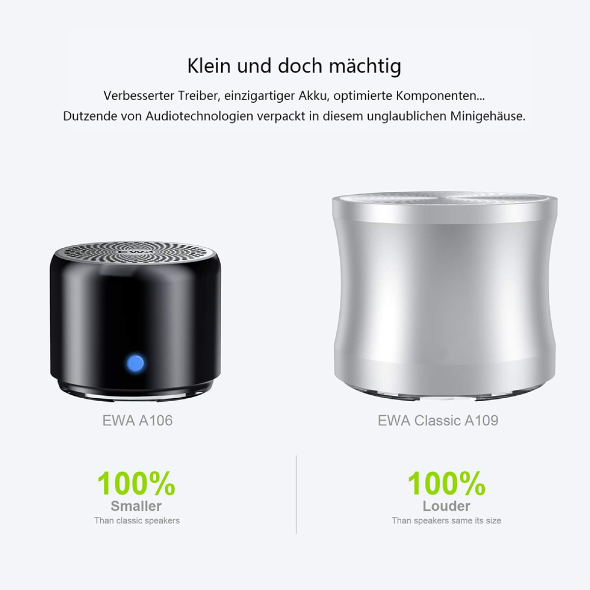 Zwei kleine Lautsprecher mit Text.