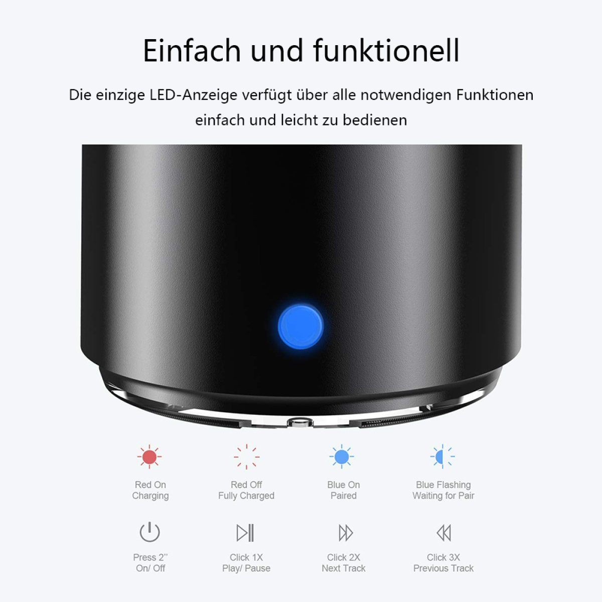 Schwarzes Gerät mit blauem Knopf und Bediensymbolen. Rote und blaue Kontrollleuchten.