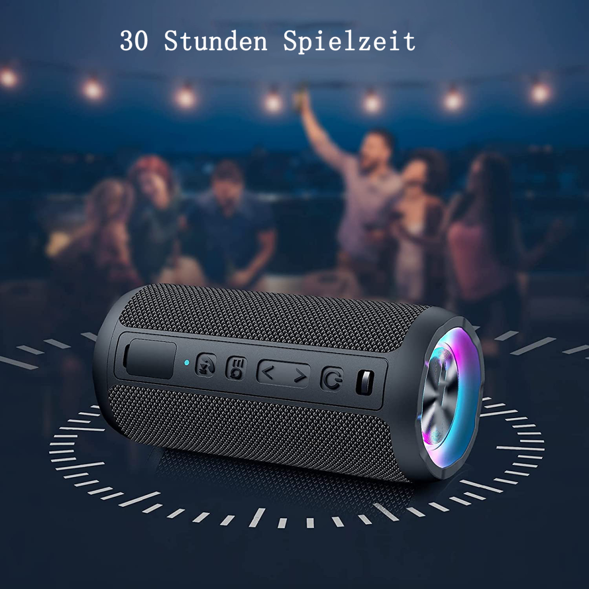 Schwarzer Lautsprecher mit bunten Lichtern. Text: '30 Stunden Spielzeit'.