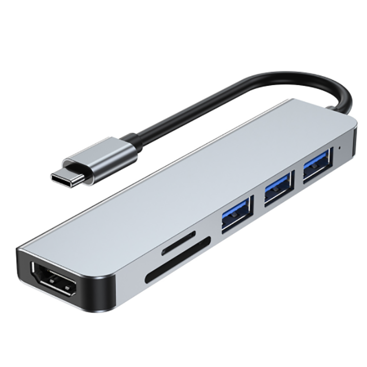 Silberner USB-C-Hub mit mehreren Anschlüssen und einem schwarzen Kabel. Es hat USB- und HDMI-Anschlüsse.