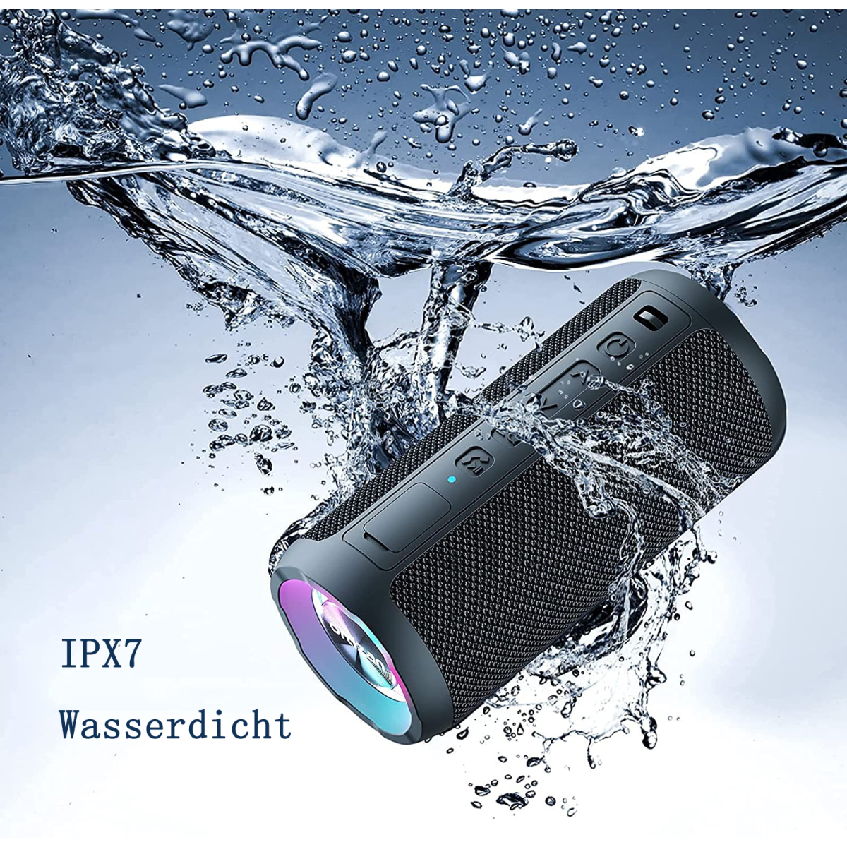 Ein schwarzer, zylindrischer Lautsprecher im Wasser. Der Lautsprecher ist in Wasser getaucht und hat bunte Lichter.