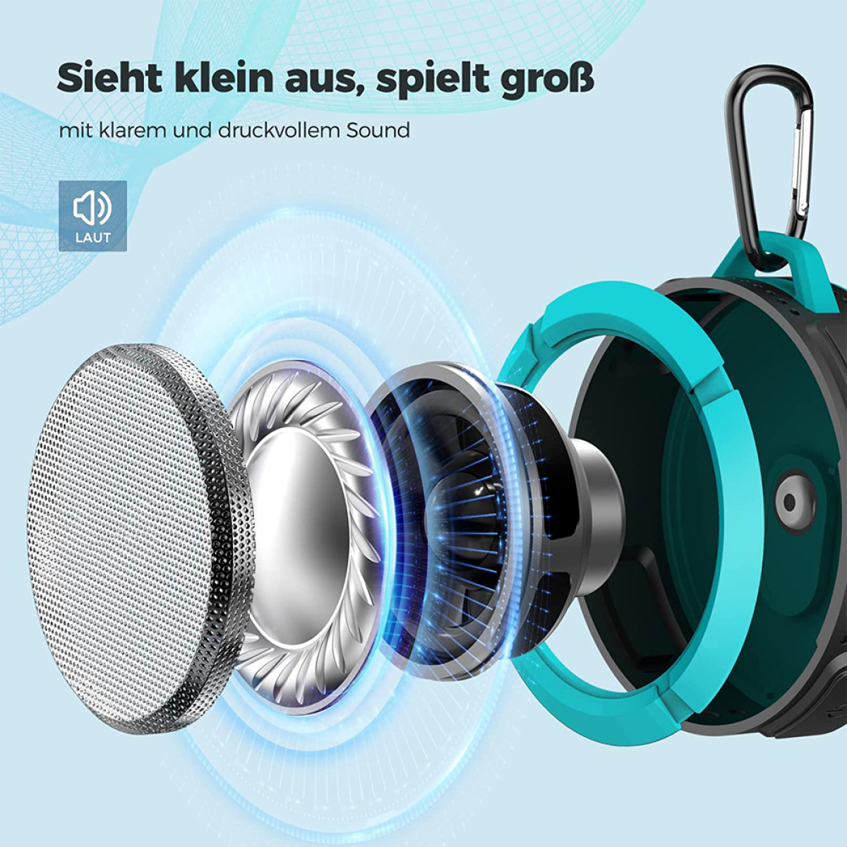 Explosionsansicht eines schwarzen und türkisfarbenen Lautsprechers. Text: Sieht klein aus, spielt groß. Klarer und druckvoller Sound.