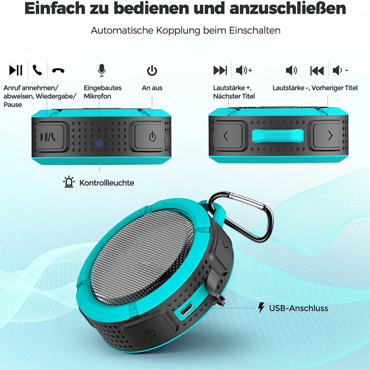 Ein türkis-schwarzer tragbarer Bluetooth-Lautsprecher mit Tasten und einem USB-Anschluss.