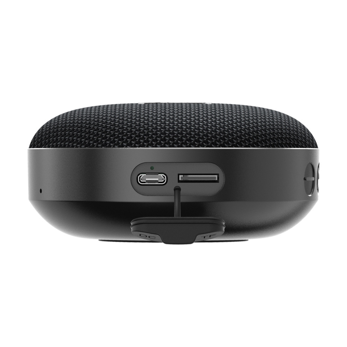 Ein schwarzer Lautsprecher mit einem Mesh-Top. Es hat Anschlüsse für USB, SD-Karte und ein Netzkabel.