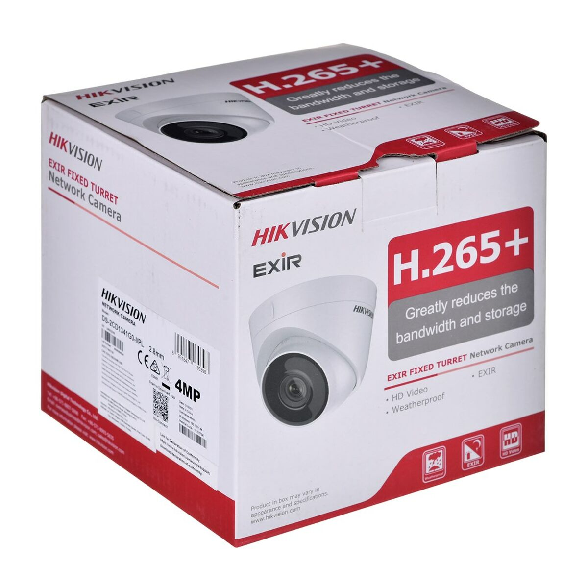 Una scatola bianca di una telecamera di sicurezza. Contiene la telecamera e dettagli come 'H.265+' e 'HD Video'.