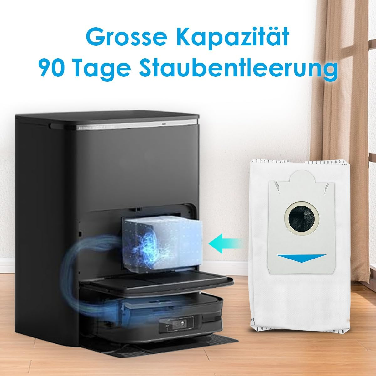 Roboterstaubsauger mit Mülleimer und Beutel. Der Text lautet '90 Tage Staubentleerung'.