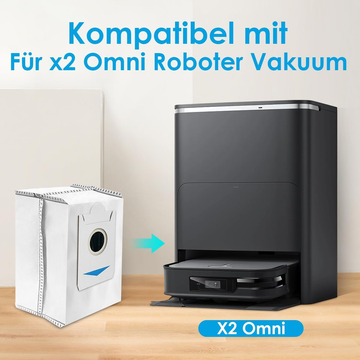 Roboterstaubsauger mit Ersatzbeutel, Text-Overlay.