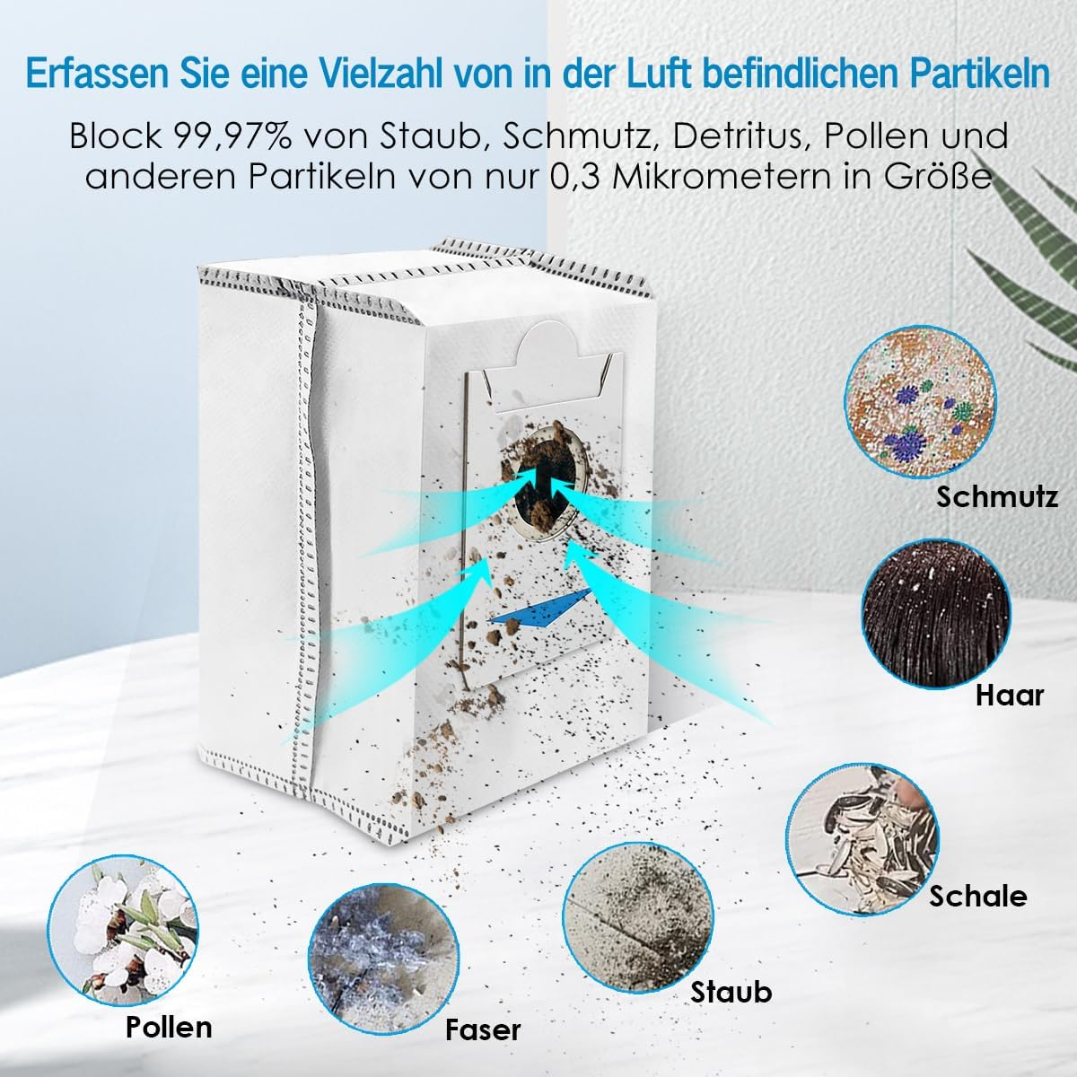 Weißer Luftfilter mit blauen Pfeilen, die den Luftstrom anzeigen. Text über Partikel. Weißer Hintergrund.