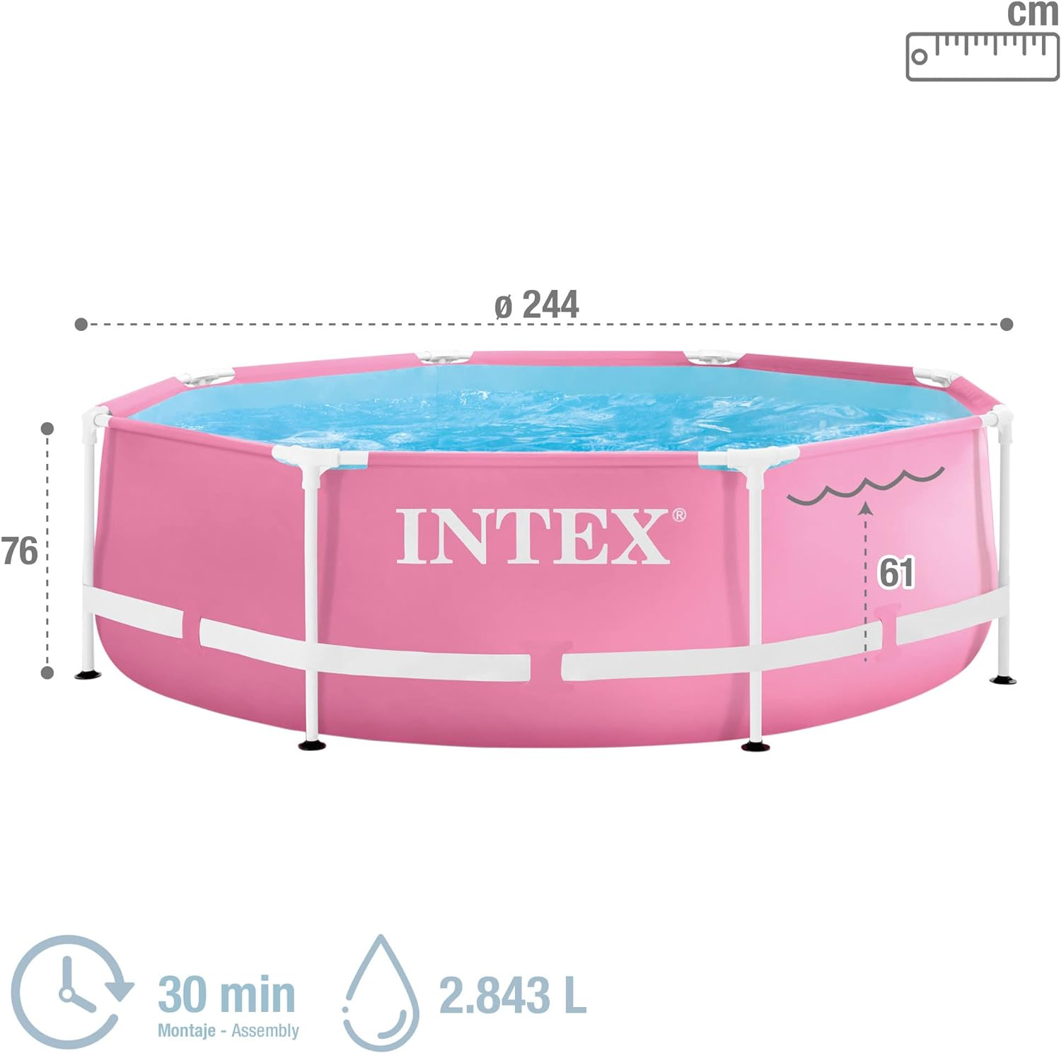 Pinkfarbener Intex-Pool, Abmessungen, Wasser. Enthält 2.843L. Zeigt Montagezeit.