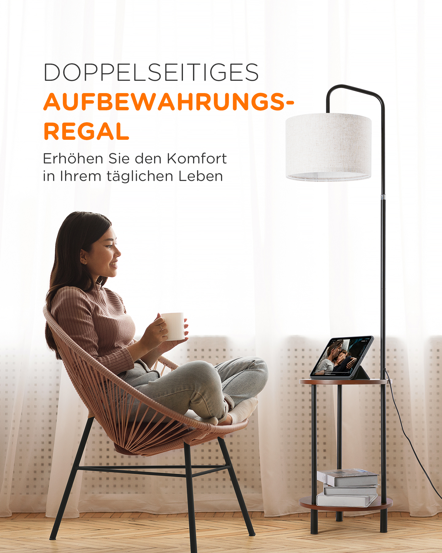 TOMONS Stehlampe Wohnzimmer mit Stehlampe für Tisch, Stehlampe Verstellbare Holz Schlafzimmer