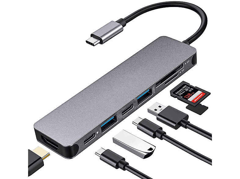 ELKUAIE Typ-C zu HDMI High Definition, USB Hub, grau