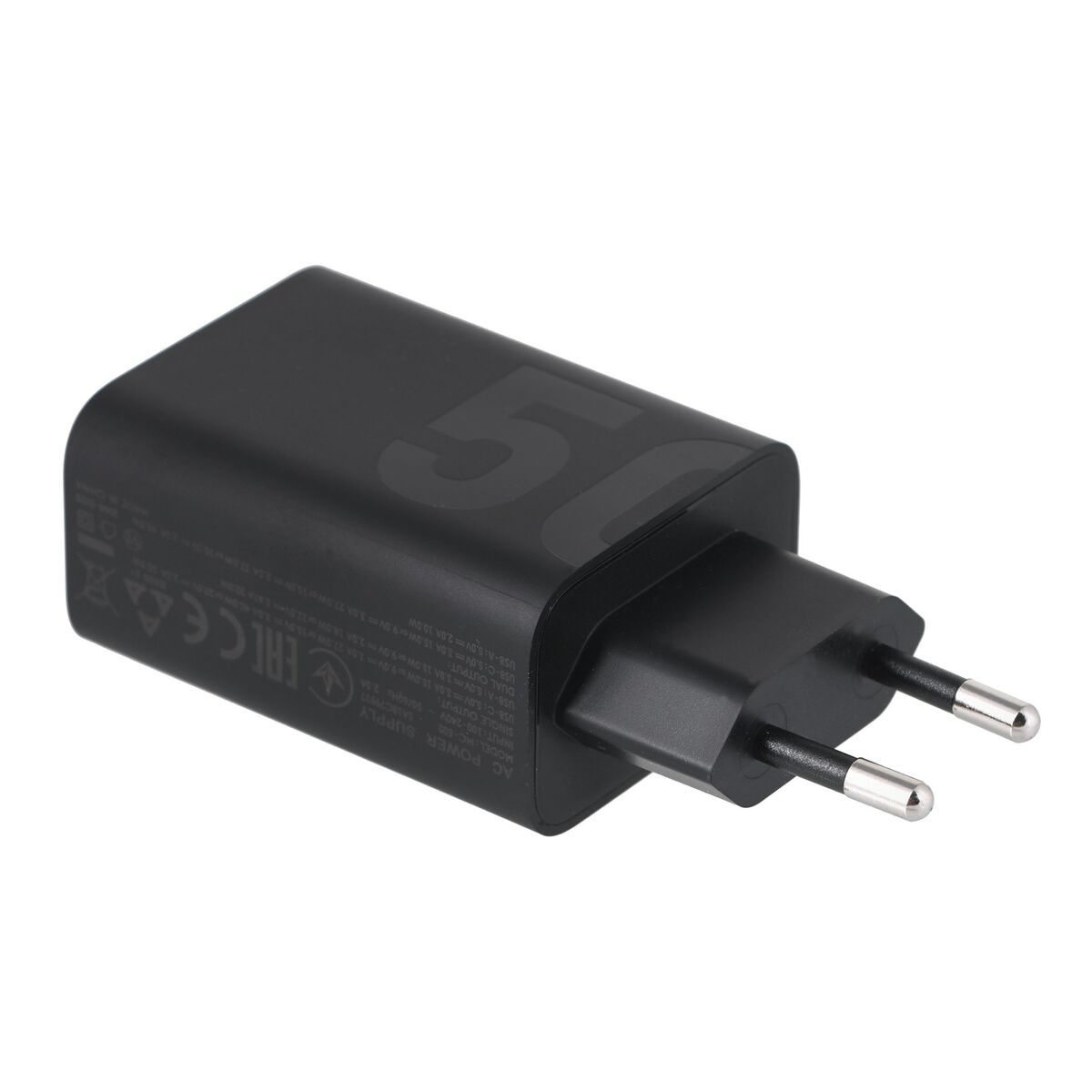 Chargeur de téléphone noir avec prise européenne. Texte sur le chargeur : AC Power Supply.