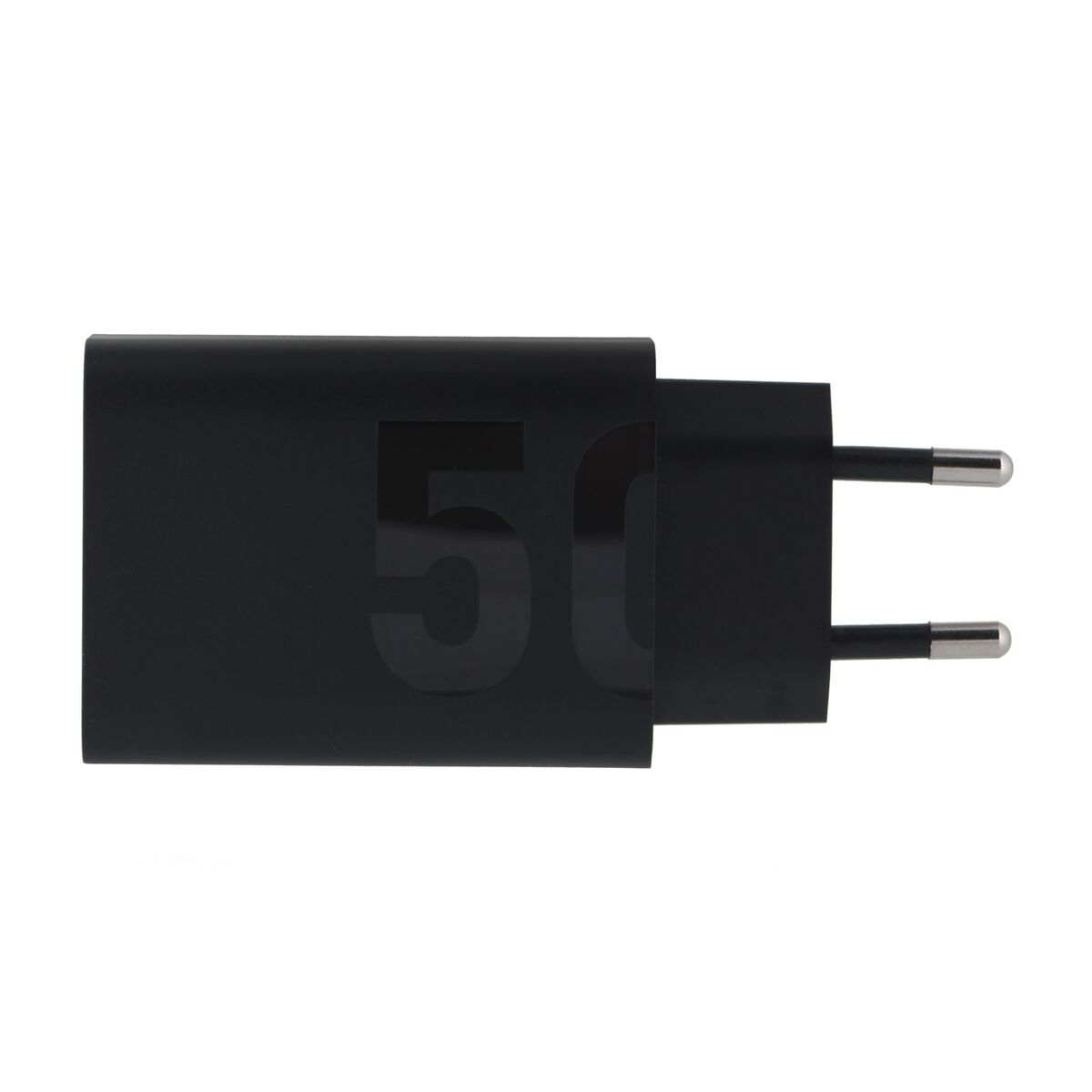 Chargeur noir 50W avec deux broches. Design simple, sur fond blanc.