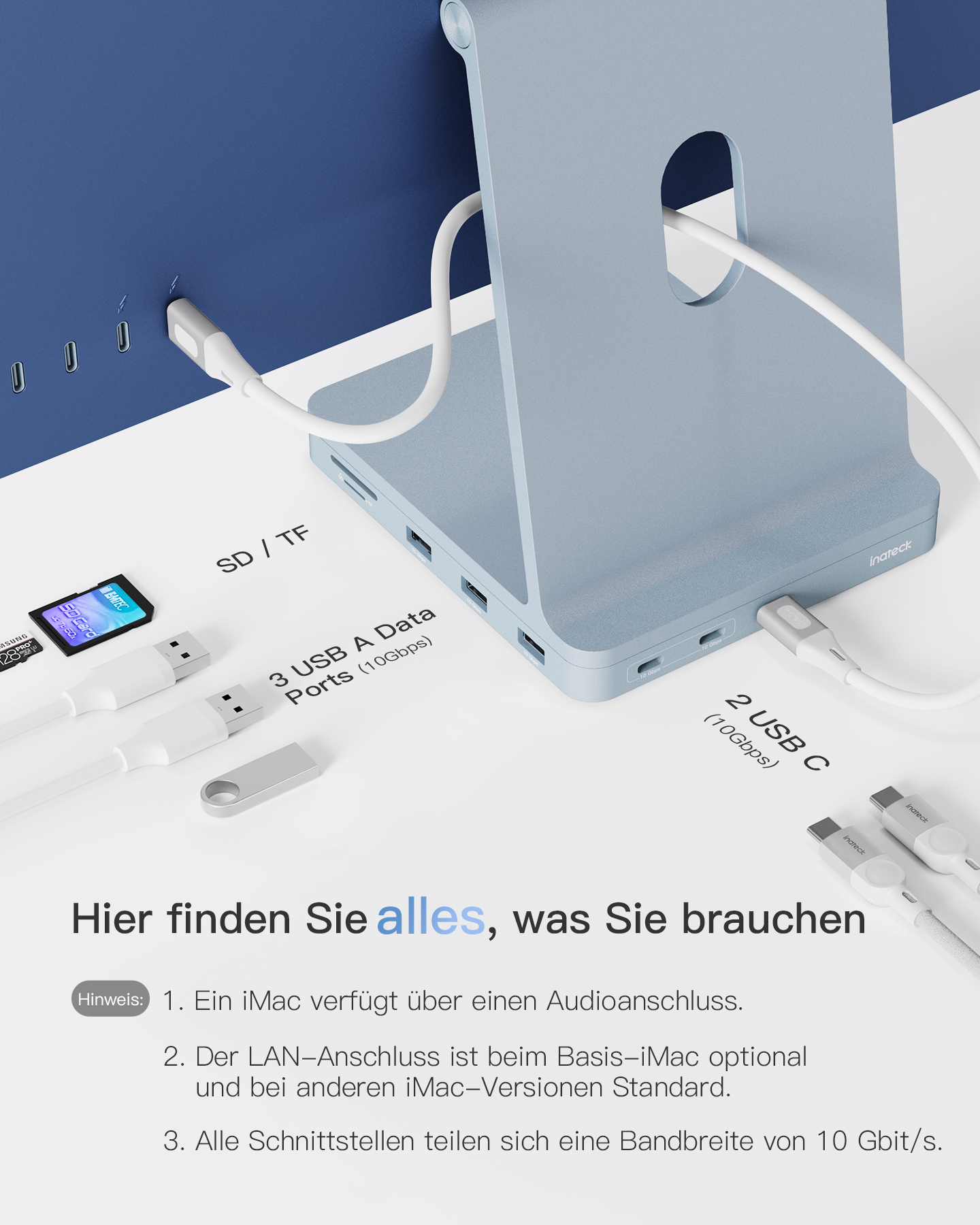 Ein blauer Ständer mit mehreren Anschlüssen und Kabeln, Text auf Deutsch.