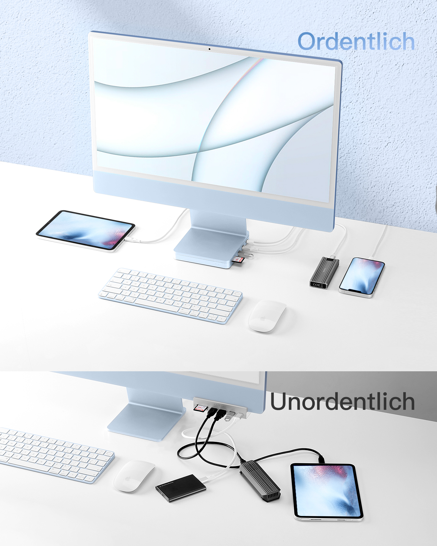 Ein blauer iMac, Tastatur, Maus und Geräte stehen auf einem weißen Schreibtisch. Das Wort "Ordentlich" steht darüber.