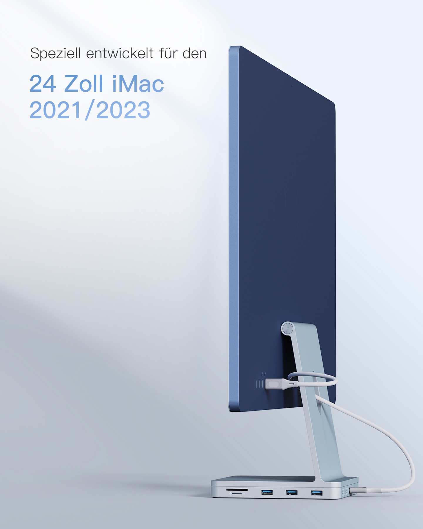 Blauer iMac-Bildschirm mit silbernem Ständer. Text: 24 Zoll iMac 2021/2023.