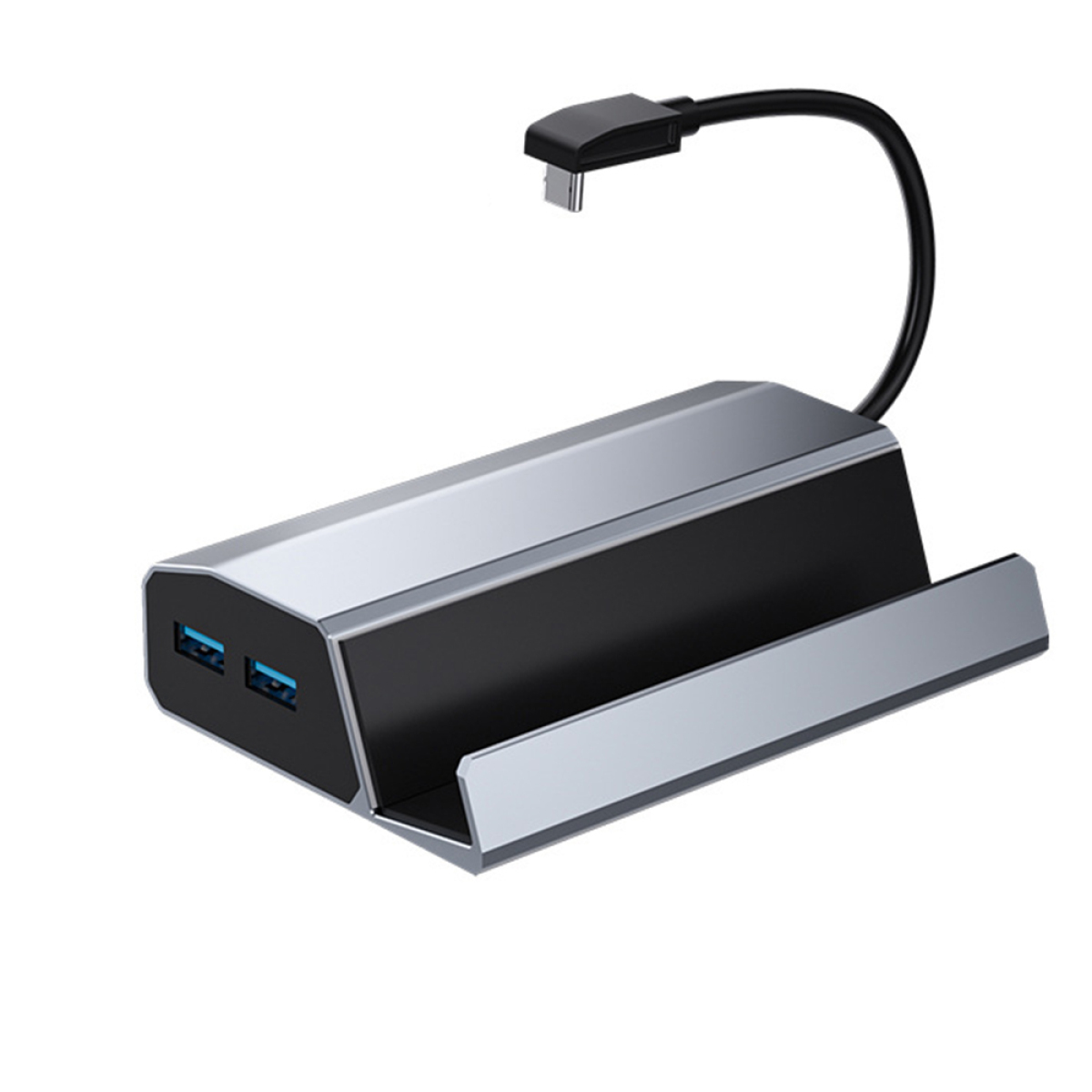 Silber-schwarzer USB-Hub mit USB- und USB-C-Anschlüssen. Weißer Hintergrund.