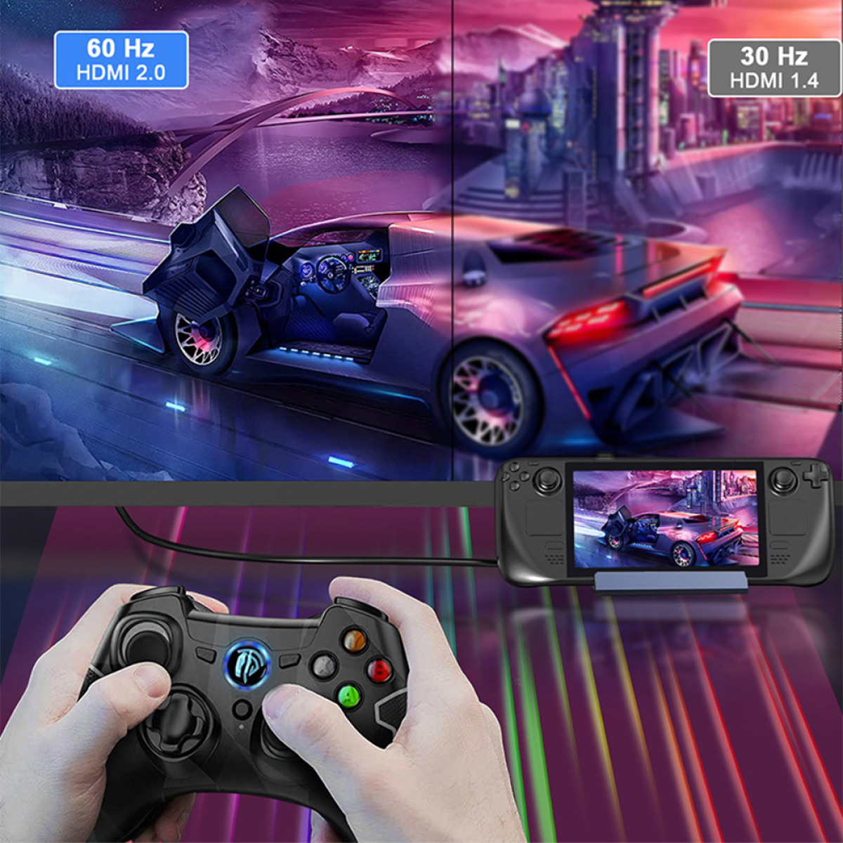 Gaming-Setup mit Konsole und Controller. Zwei Bildschirme zeigen ein Autorennen-Spiel.