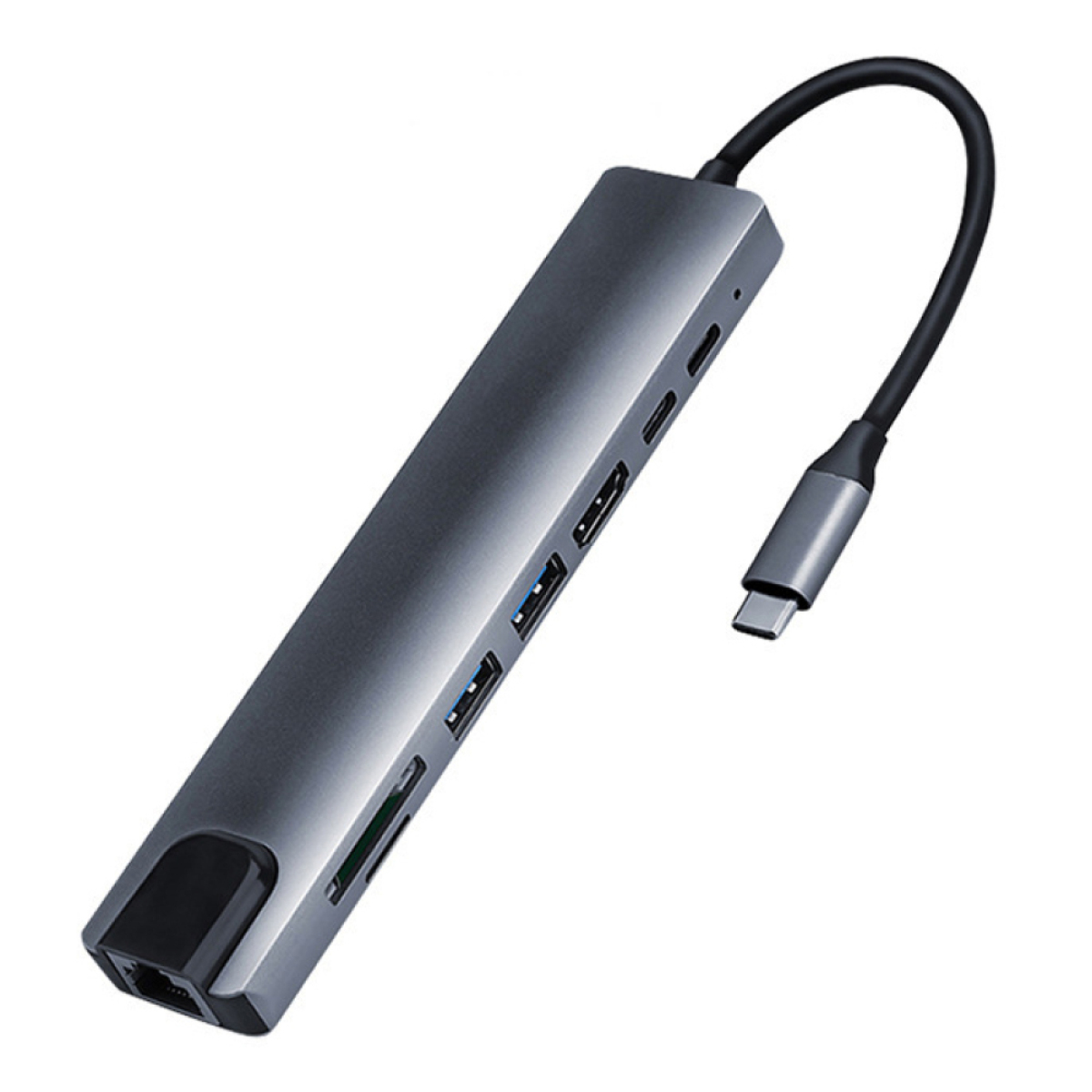 Ein dunkelgrauer USB-C-Hub mit verschiedenen Anschlüssen und einem angeschlossenen Kabel.
