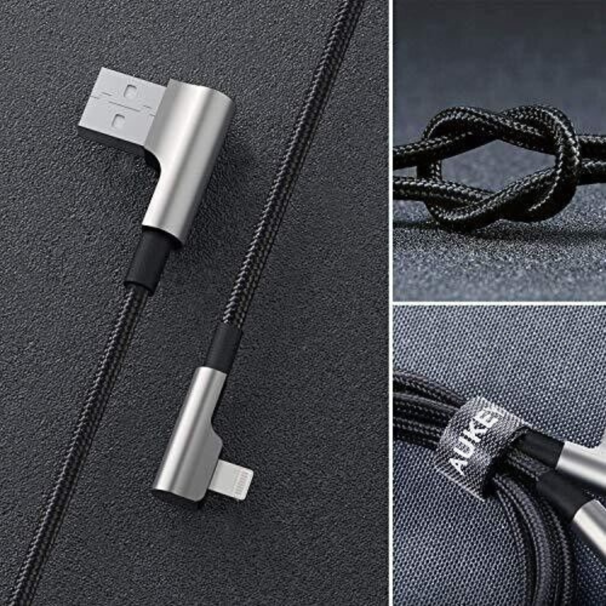 Schwarzes und silbernes USB-C-zu-Lightning-Kabel. Zeigt Anschlüsse und geflochtenes Kabeldetail.