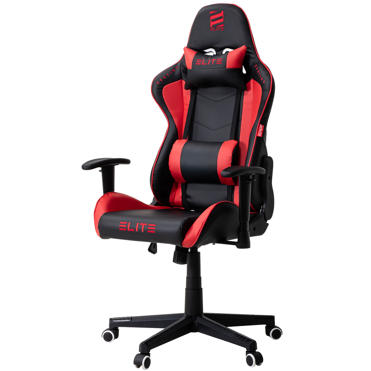 Gaming-Stuhl, schwarz mit roten Akzenten, roter Kopfstütze und Lendenwirbelstütze, schwarzem Fuß.