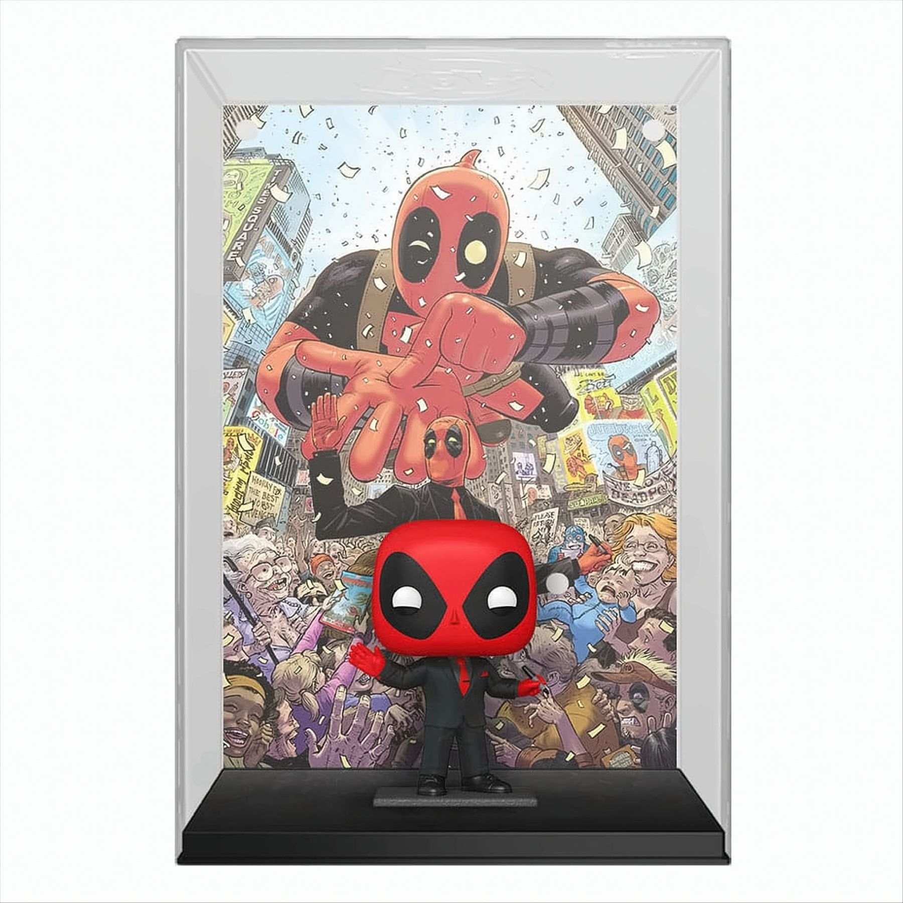 Figura di Deadpool in teca con arte dei fumetti.