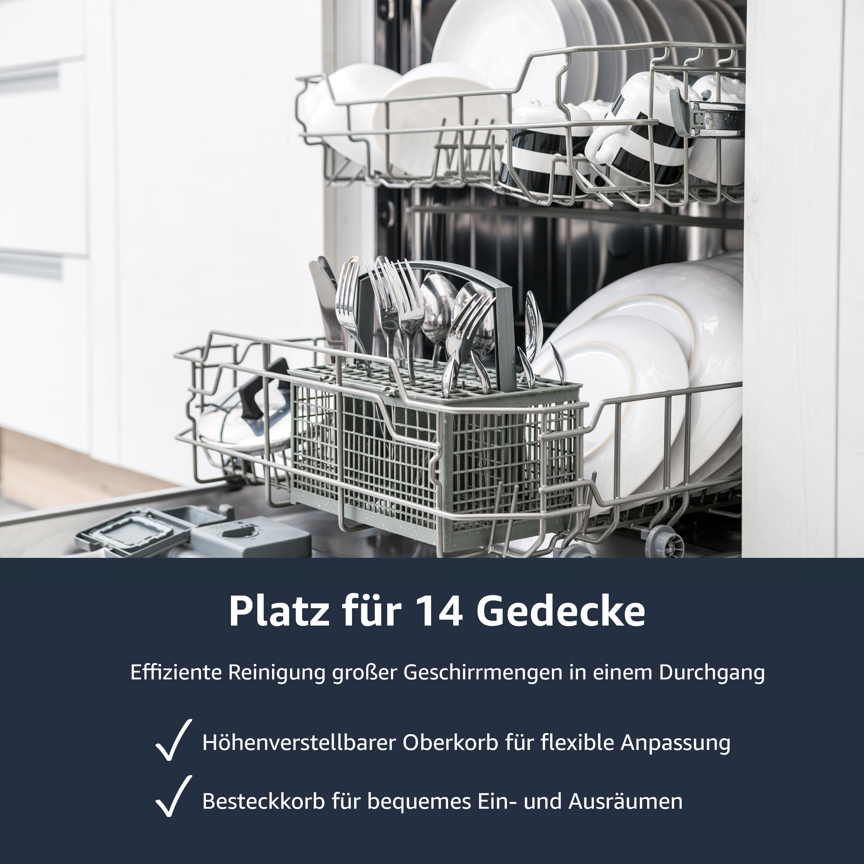Geschirrspüler mit sauberem Geschirr und Besteck. Text: Platz für 14 Gedecke. Verstellbarer Oberkorb.